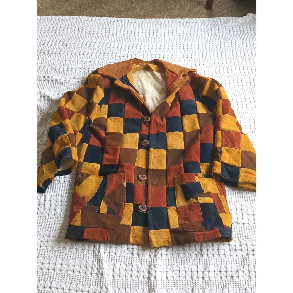 Vtg Suede Leather Patchwork Retro Mod‎  Checks Hippie Button Jacket Sz XL
